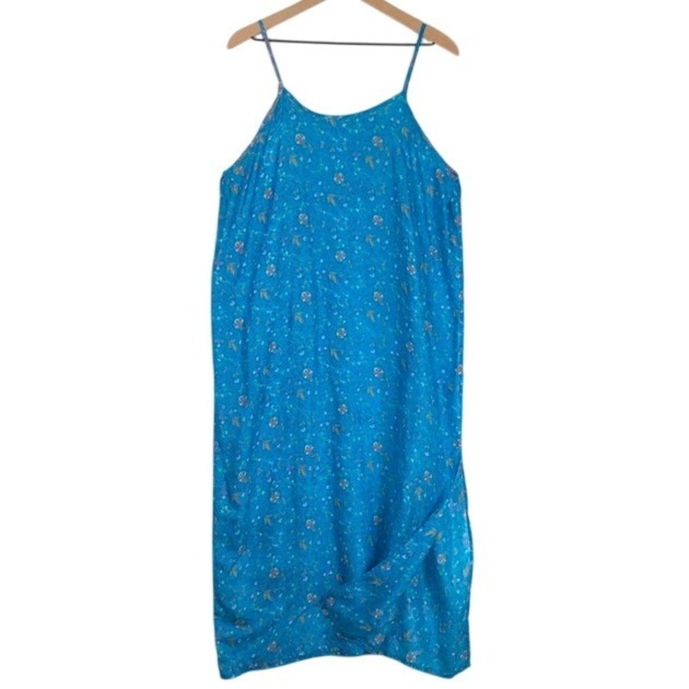 MATTA 100% Silk Maxi Slip Dress Sz S Blue Floral Side Slit